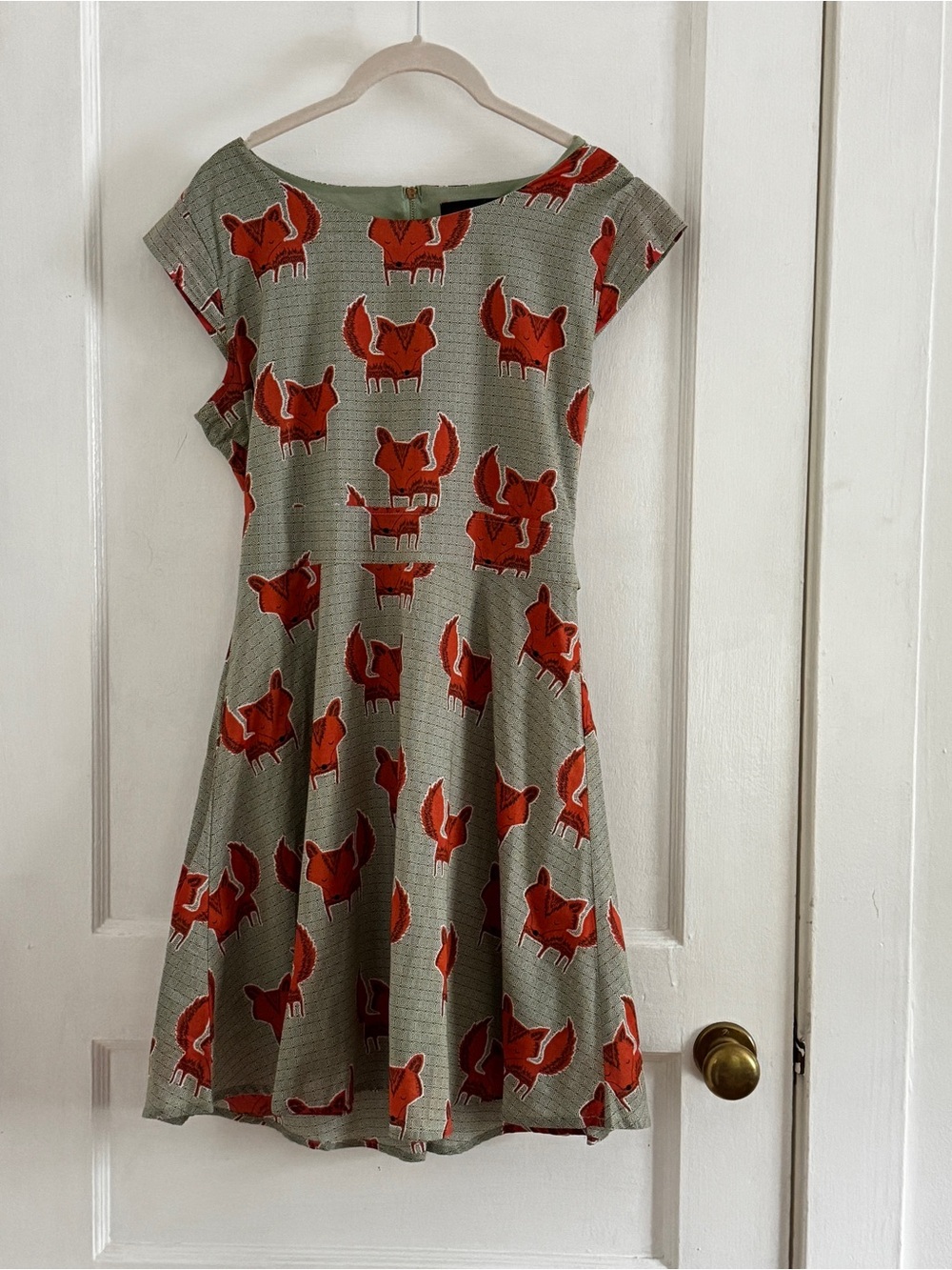 Fox Print Green Dress with Red Accents